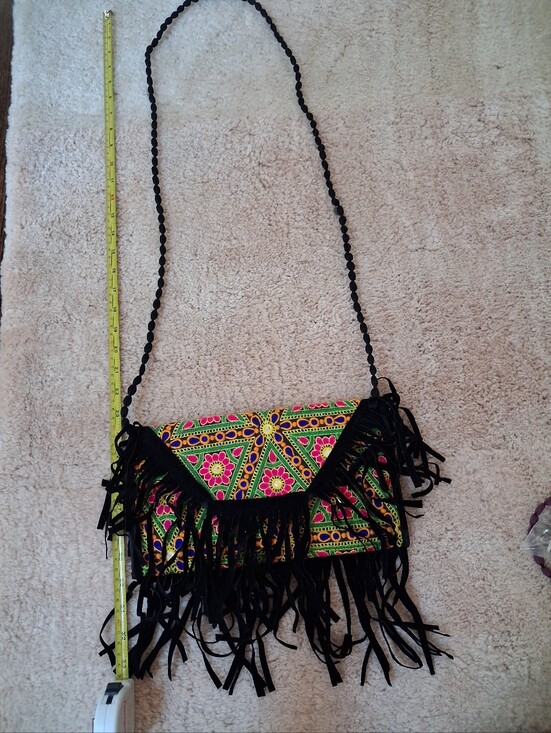 Handbags - Embroidered Fringe Crossbody Bag - Black & Multicolor
